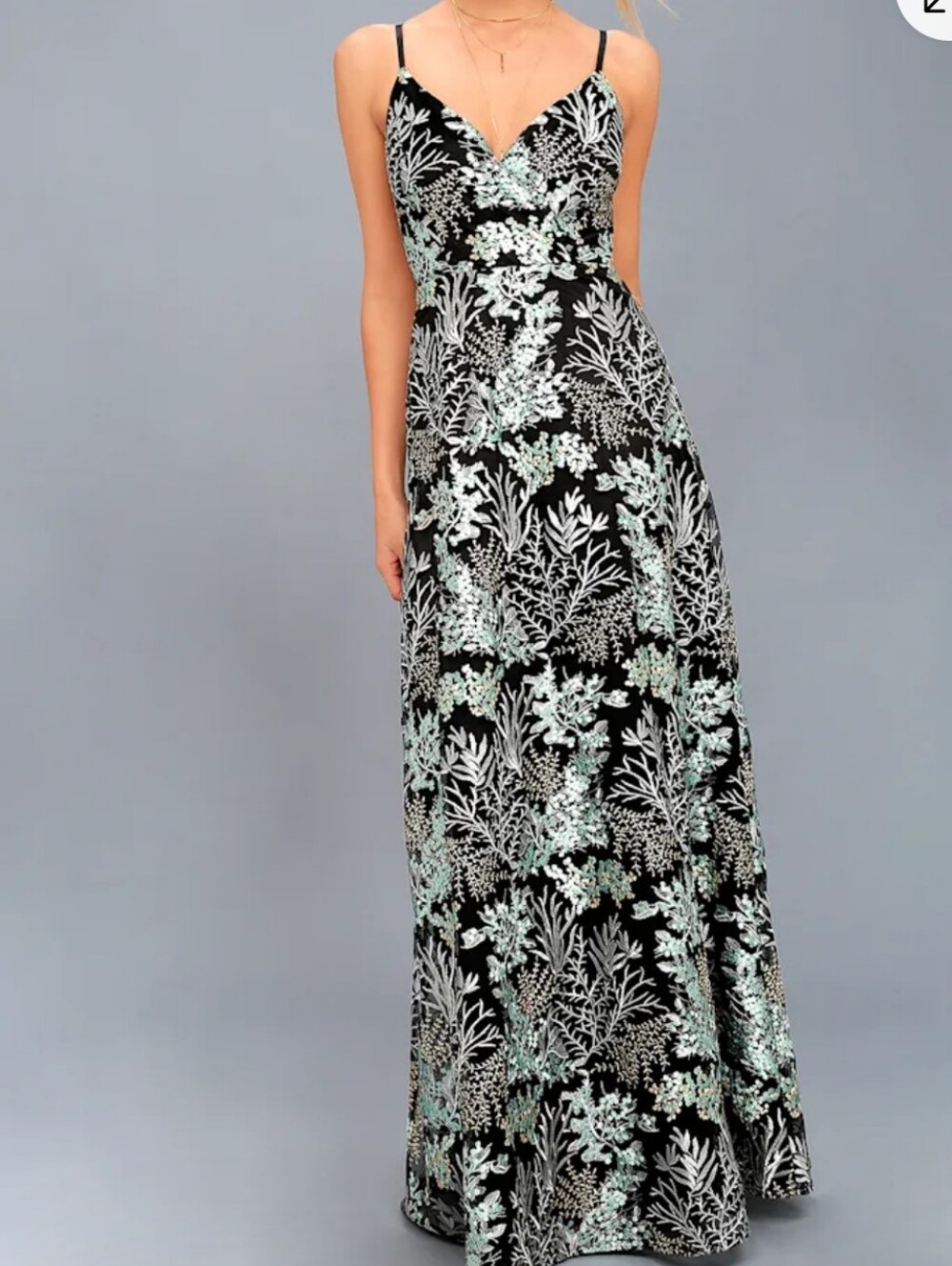 Lulus Night Blooms  Black Embroidered Floral V-Neck Maxi Dress with Mint Accents